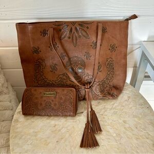 Brown Leather Loungefly Tote Purse Bag and Wallet Set with Skull Design